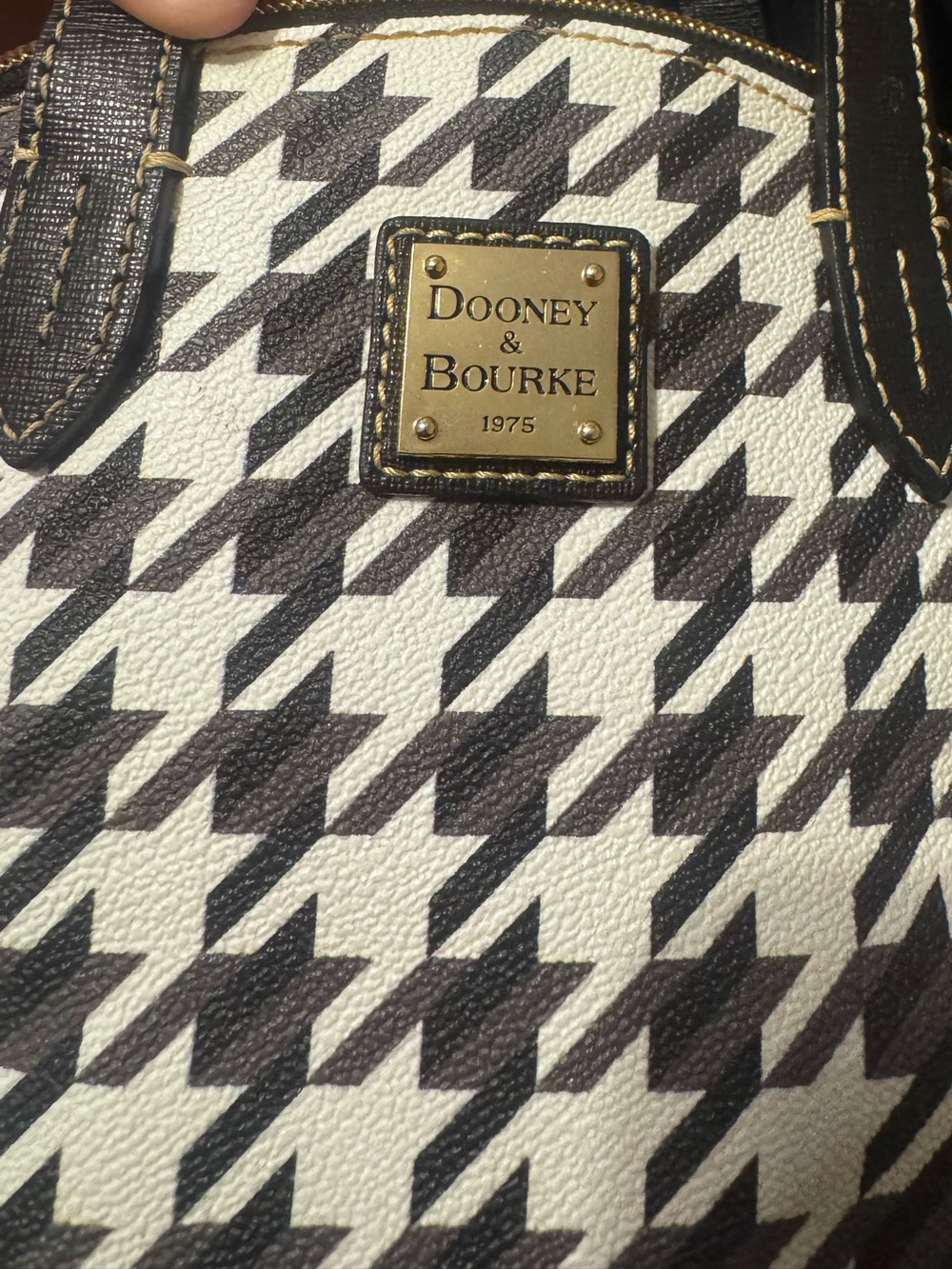 Dooney & Bourke Black and White Houndstooth Satchel with Gold Plaque